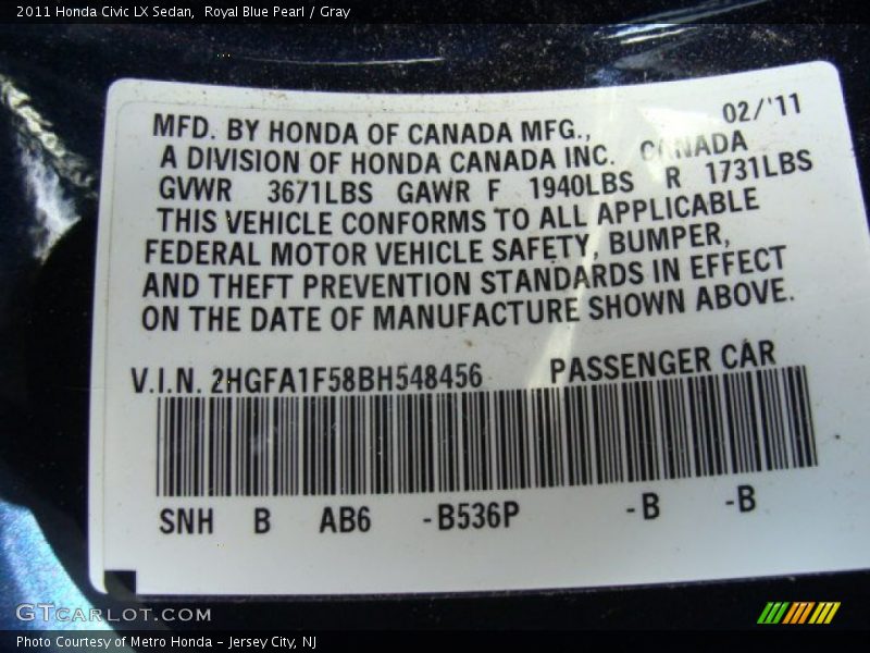 Royal Blue Pearl / Gray 2011 Honda Civic LX Sedan
