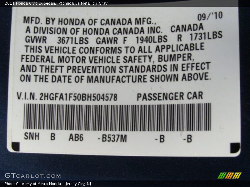 Atomic Blue Metallic / Gray 2011 Honda Civic LX Sedan