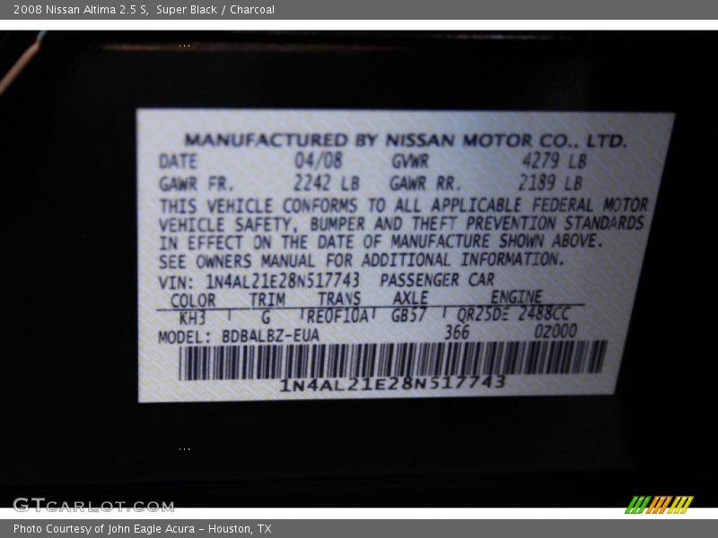 Super Black / Charcoal 2008 Nissan Altima 2.5 S