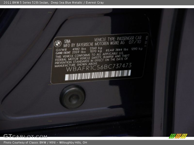 Deep Sea Blue Metallic / Everest Gray 2011 BMW 5 Series 528i Sedan