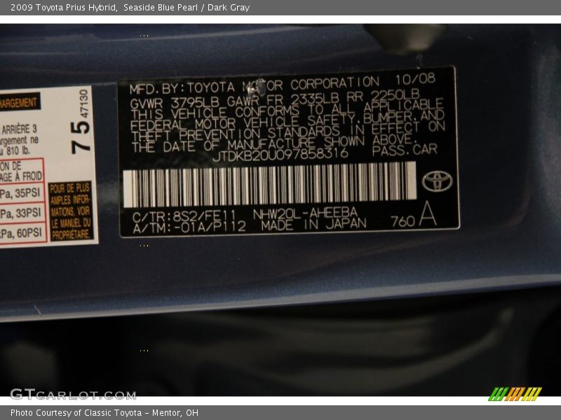 Seaside Blue Pearl / Dark Gray 2009 Toyota Prius Hybrid