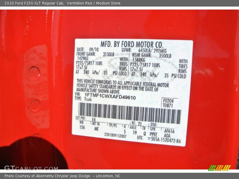 Vermillion Red / Medium Stone 2010 Ford F150 XLT Regular Cab