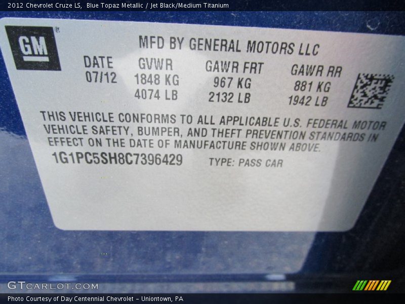 Blue Topaz Metallic / Jet Black/Medium Titanium 2012 Chevrolet Cruze LS