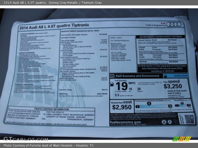 Oolong Gray Metallic / Titanium Gray 2014 Audi A8 L 4.0T quattro