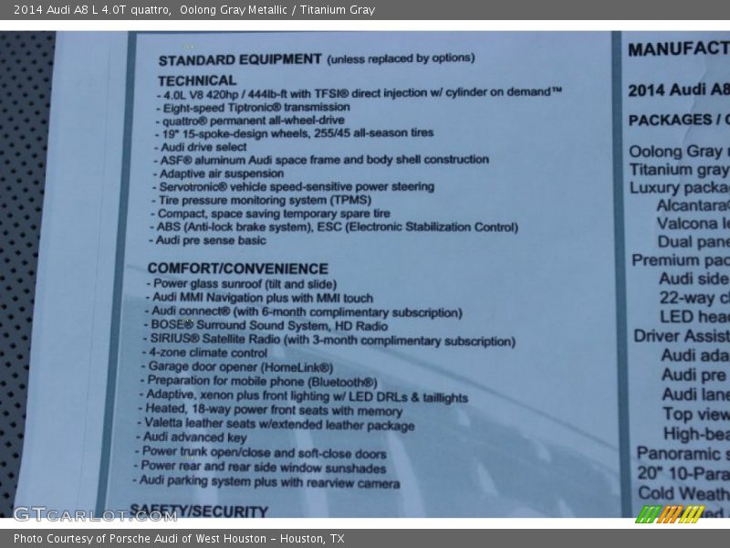 Oolong Gray Metallic / Titanium Gray 2014 Audi A8 L 4.0T quattro