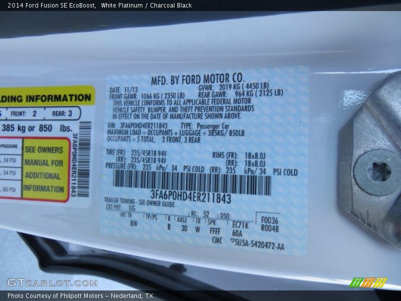 White Platinum / Charcoal Black 2014 Ford Fusion SE EcoBoost
