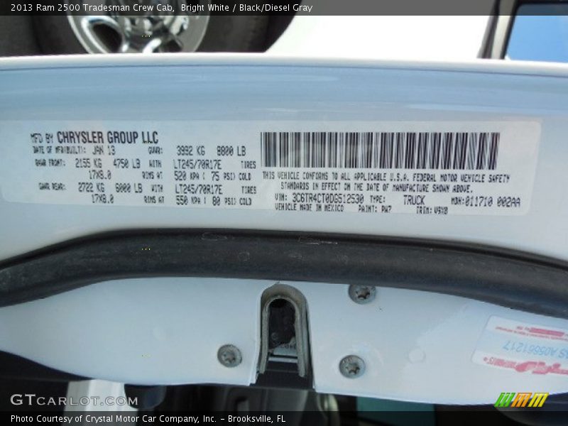 2013 2500 Tradesman Crew Cab Bright White Color Code PW7