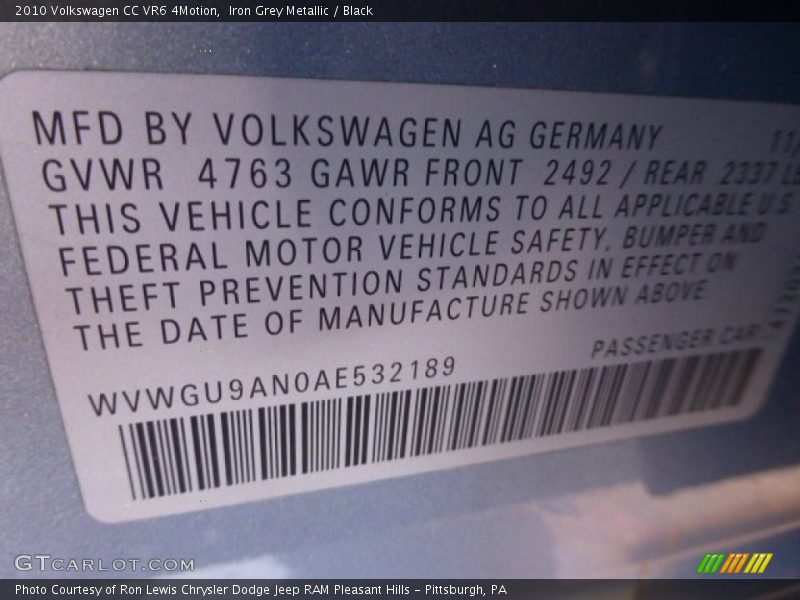 Iron Grey Metallic / Black 2010 Volkswagen CC VR6 4Motion