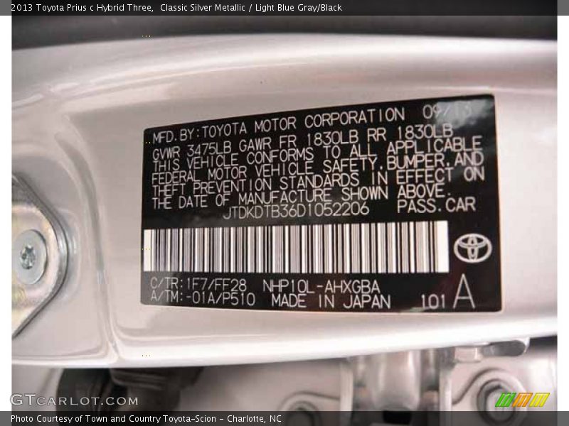 Classic Silver Metallic / Light Blue Gray/Black 2013 Toyota Prius c Hybrid Three
