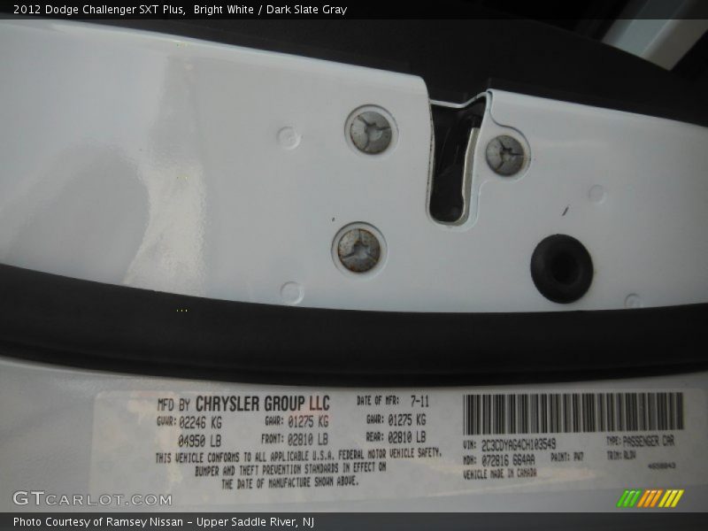 Bright White / Dark Slate Gray 2012 Dodge Challenger SXT Plus