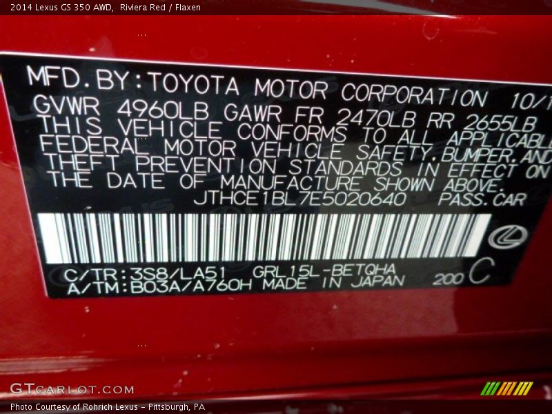 2014 GS 350 AWD Riviera Red Color Code 3S8