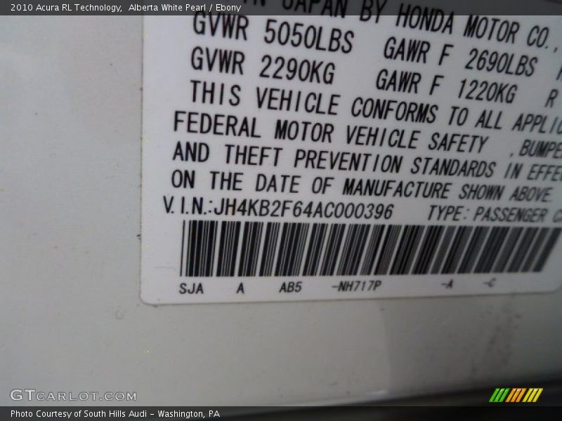 Alberta White Pearl / Ebony 2010 Acura RL Technology