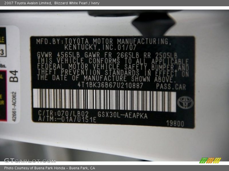 Blizzard White Pearl / Ivory 2007 Toyota Avalon Limited