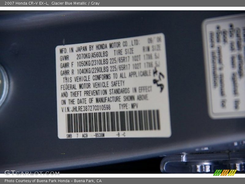 Glacier Blue Metallic / Gray 2007 Honda CR-V EX-L