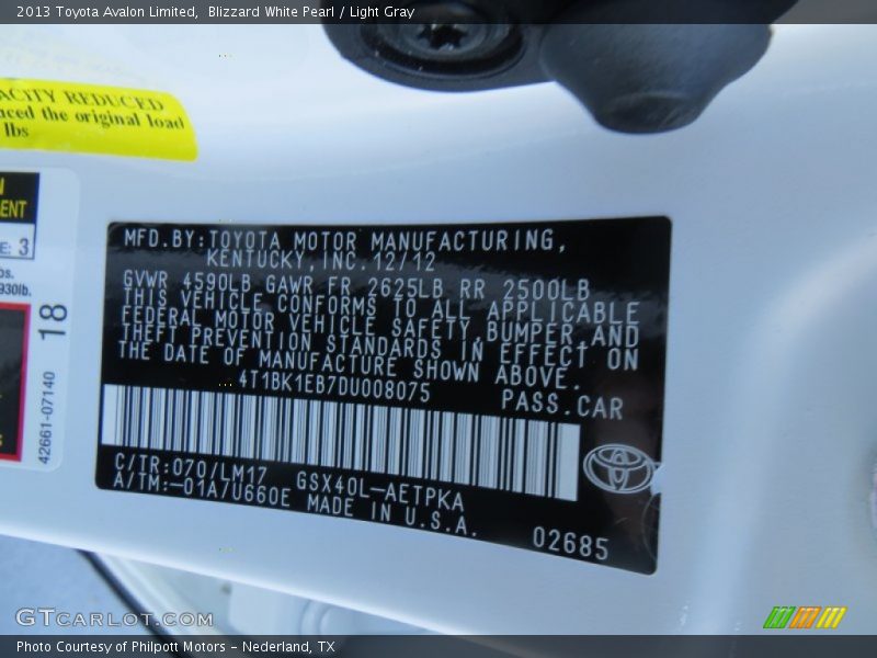 Blizzard White Pearl / Light Gray 2013 Toyota Avalon Limited