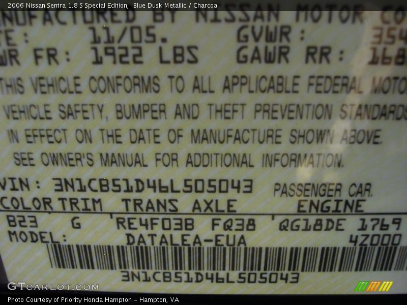 Blue Dusk Metallic / Charcoal 2006 Nissan Sentra 1.8 S Special Edition