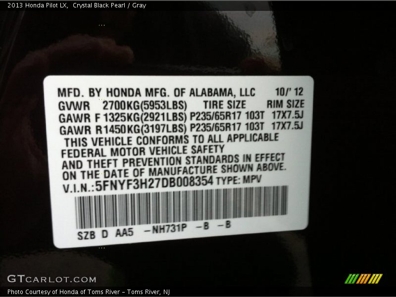 Crystal Black Pearl / Gray 2013 Honda Pilot LX