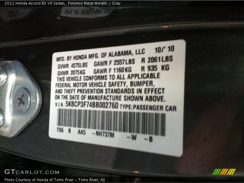 Polished Metal Metallic / Gray 2011 Honda Accord EX V6 Sedan