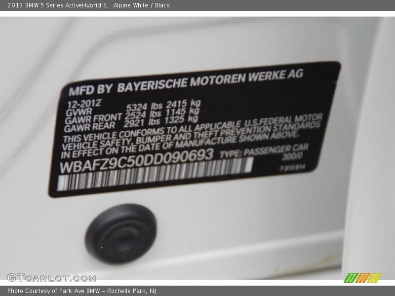 2013 5 Series ActiveHybrid 5 Alpine White Color Code 300