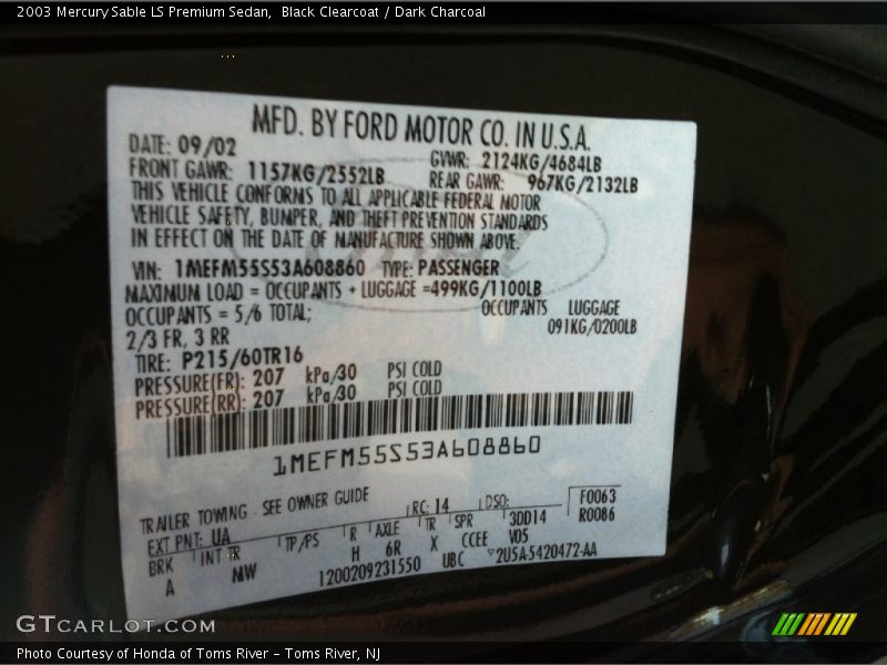 Black Clearcoat / Dark Charcoal 2003 Mercury Sable LS Premium Sedan