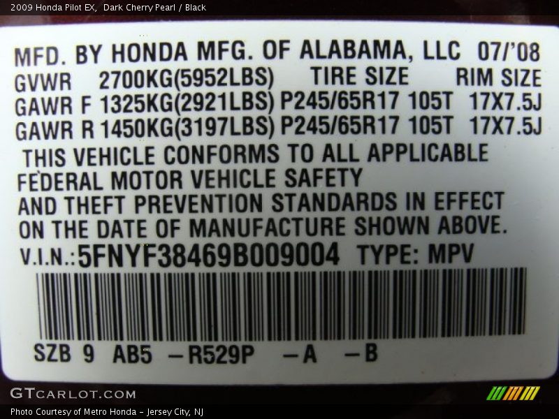 Dark Cherry Pearl / Black 2009 Honda Pilot EX