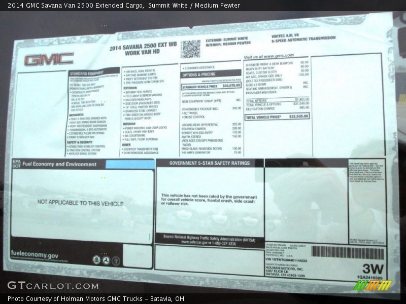  2014 Savana Van 2500 Extended Cargo Window Sticker