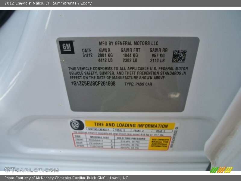 Summit White / Ebony 2012 Chevrolet Malibu LT
