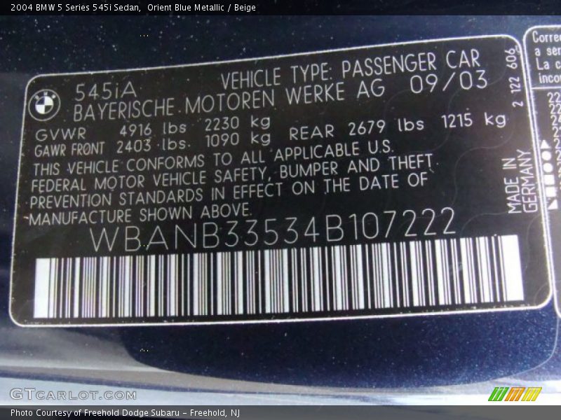 Orient Blue Metallic / Beige 2004 BMW 5 Series 545i Sedan