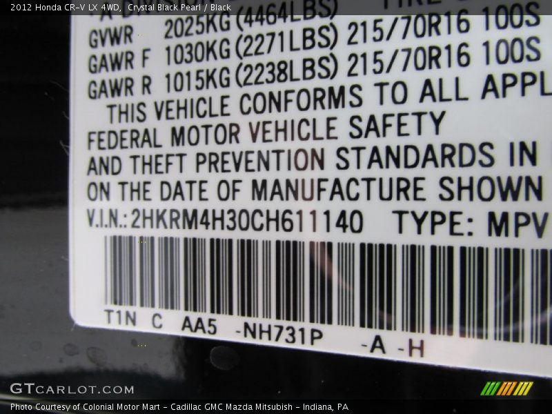 Crystal Black Pearl / Black 2012 Honda CR-V LX 4WD