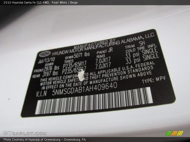 Pearl White / Beige 2010 Hyundai Santa Fe GLS 4WD