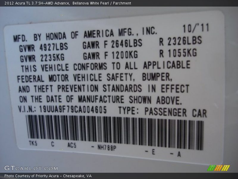 Bellanova White Pearl / Parchment 2012 Acura TL 3.7 SH-AWD Advance