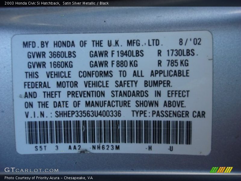 Satin Silver Metallic / Black 2003 Honda Civic Si Hatchback