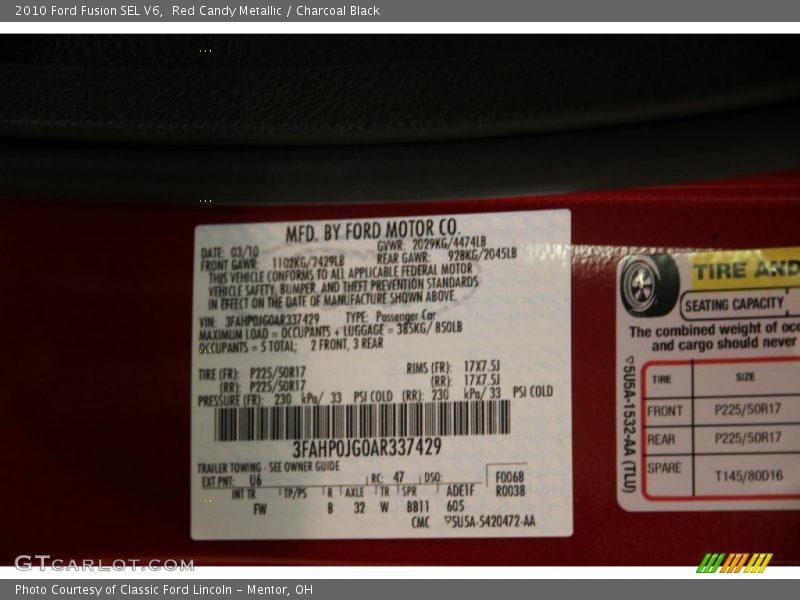 Red Candy Metallic / Charcoal Black 2010 Ford Fusion SEL V6