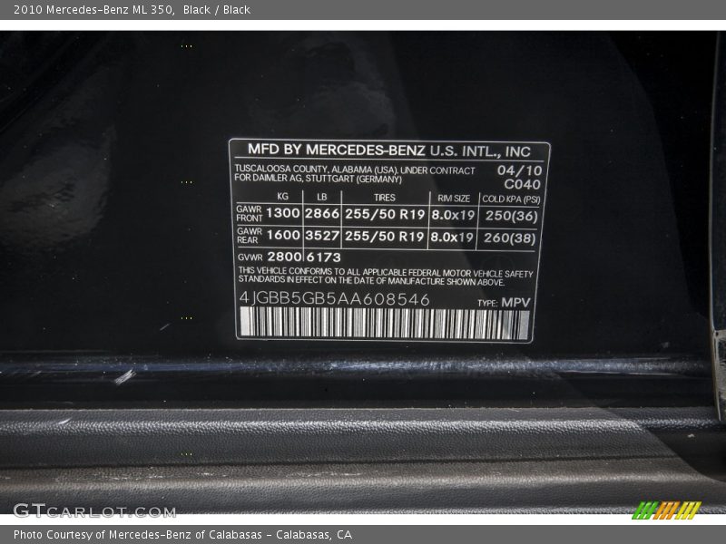 Black / Black 2010 Mercedes-Benz ML 350