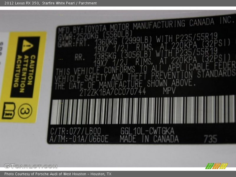 Starfire White Pearl / Parchment 2012 Lexus RX 350