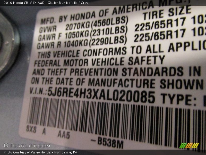 Glacier Blue Metallic / Gray 2010 Honda CR-V LX AWD