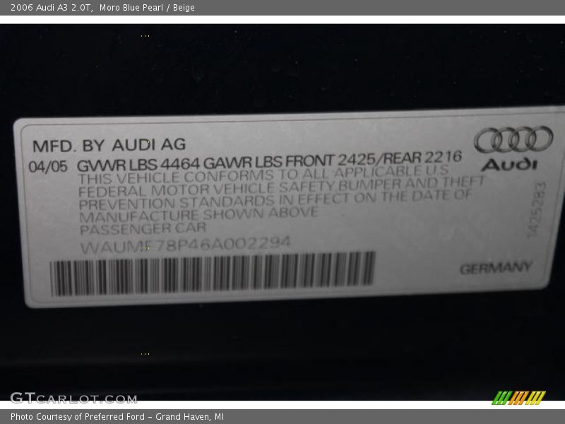 Moro Blue Pearl / Beige 2006 Audi A3 2.0T