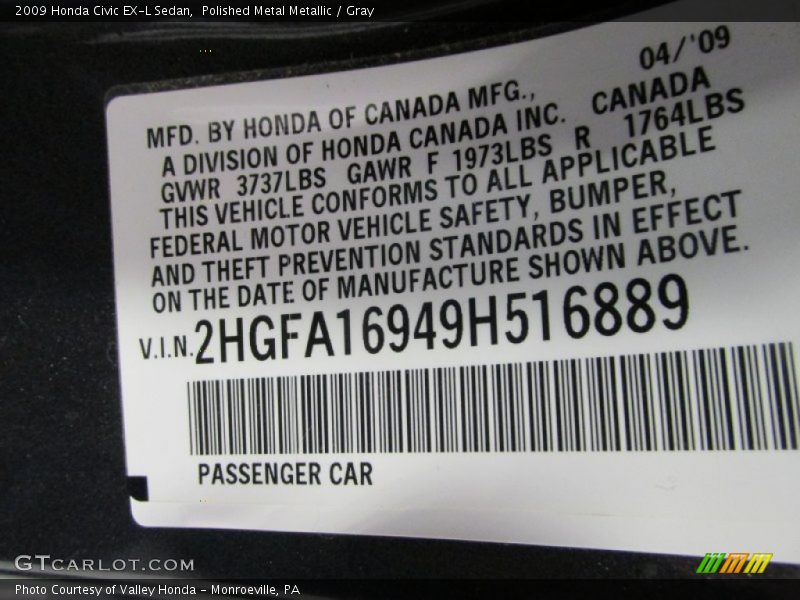 Polished Metal Metallic / Gray 2009 Honda Civic EX-L Sedan