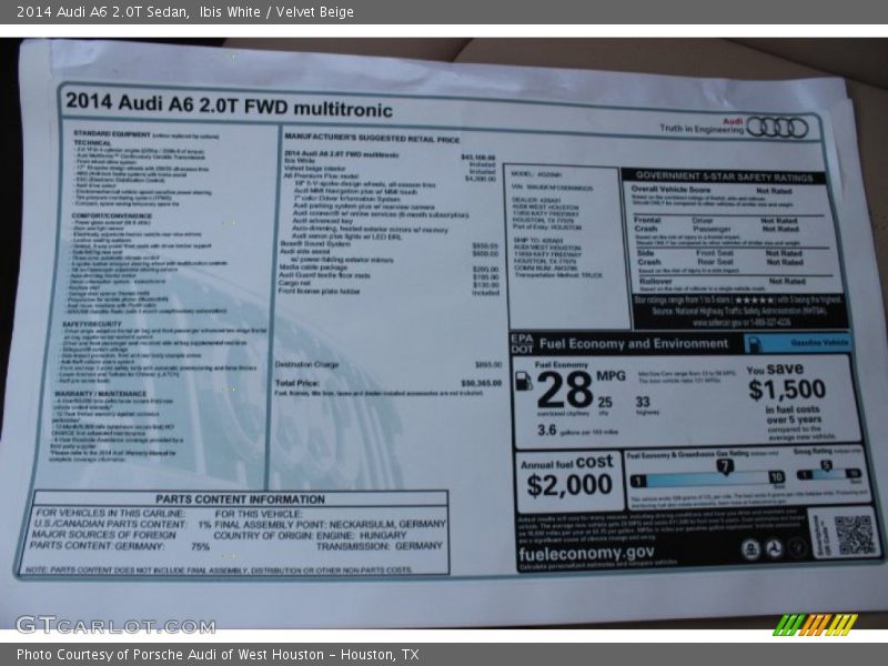  2014 A6 2.0T Sedan Window Sticker