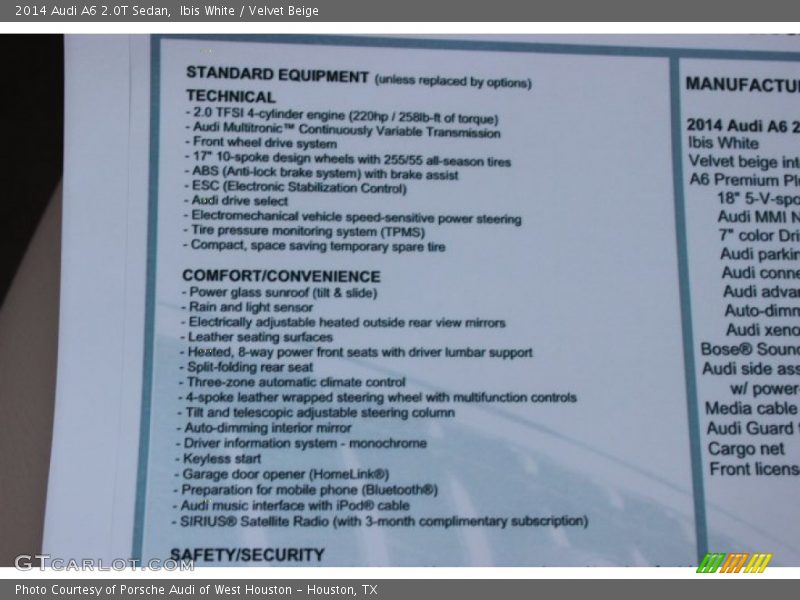  2014 A6 2.0T Sedan Window Sticker