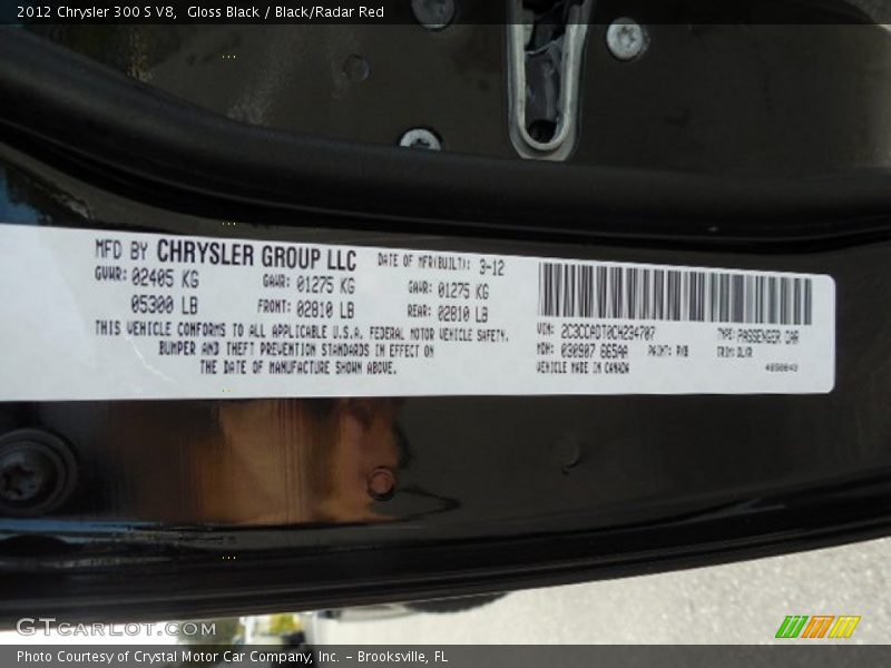 Gloss Black / Black/Radar Red 2012 Chrysler 300 S V8