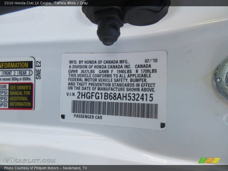 Taffeta White / Gray 2010 Honda Civic LX Coupe