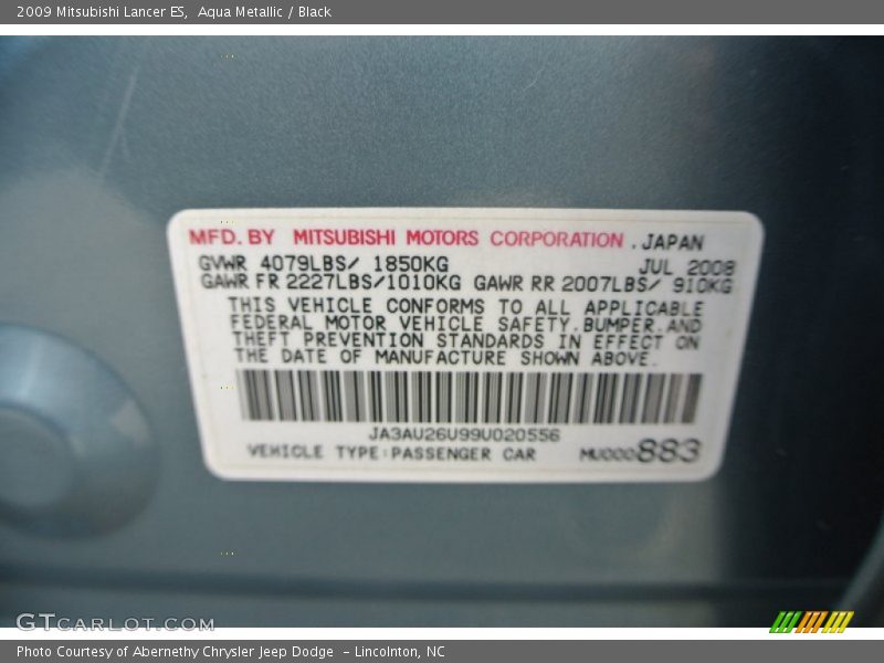 Aqua Metallic / Black 2009 Mitsubishi Lancer ES
