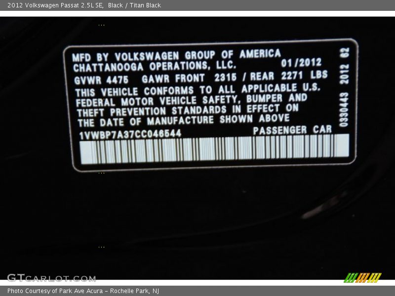 Black / Titan Black 2012 Volkswagen Passat 2.5L SE
