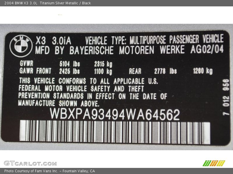 Titanium Silver Metallic / Black 2004 BMW X3 3.0i