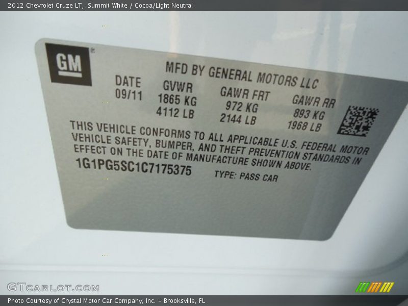 Summit White / Cocoa/Light Neutral 2012 Chevrolet Cruze LT