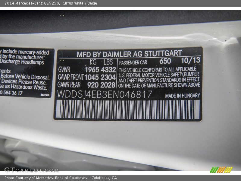 Cirrus White / Beige 2014 Mercedes-Benz CLA 250