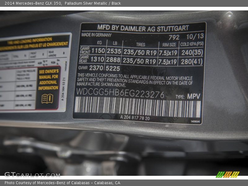 Palladium Silver Metallic / Black 2014 Mercedes-Benz GLK 350