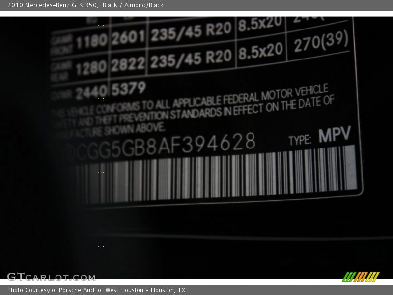 Black / Almond/Black 2010 Mercedes-Benz GLK 350