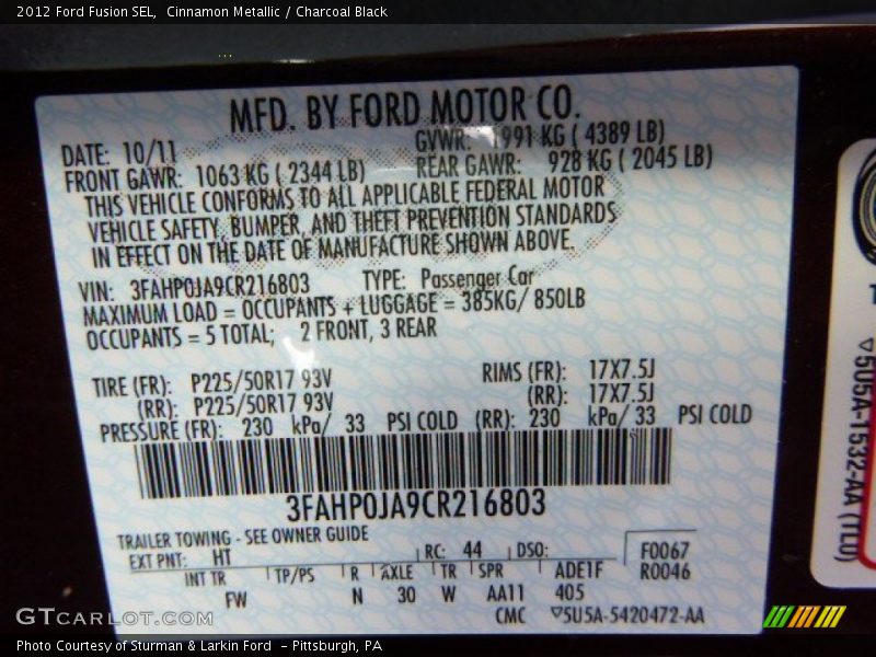 Cinnamon Metallic / Charcoal Black 2012 Ford Fusion SEL